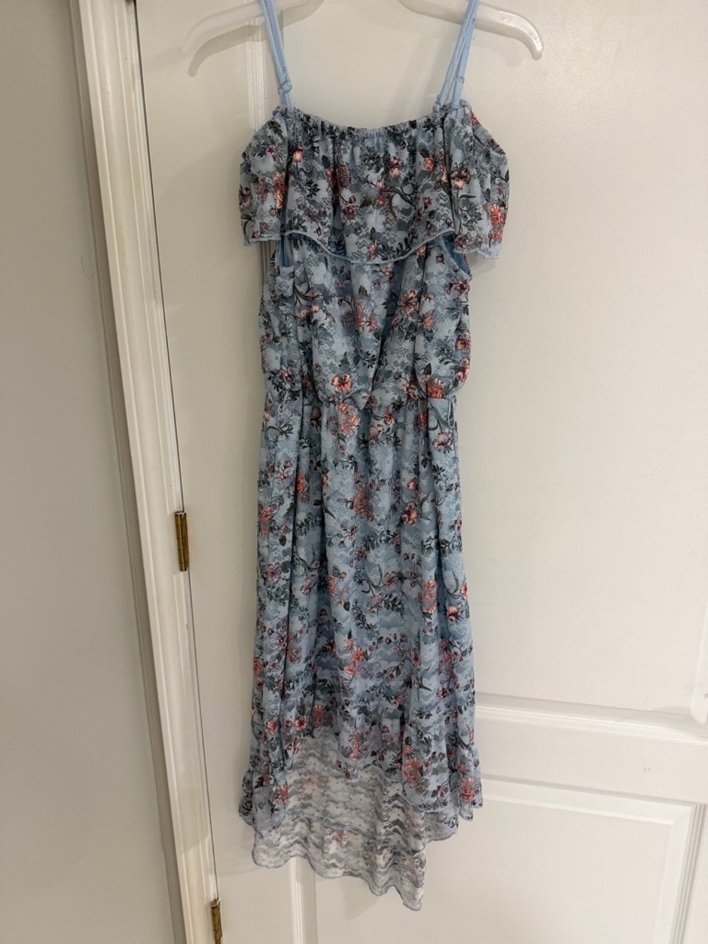 Blue floral high low dress with ruffle detail